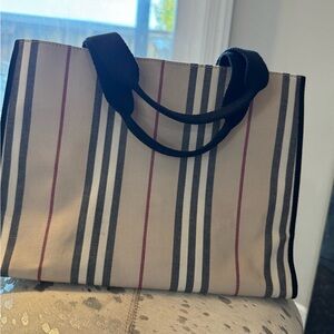 Burberry Beige and Black Striped Tote